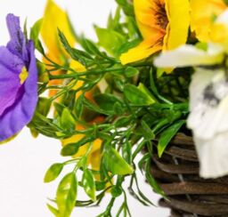 Primrose Artificial Pansy Flowers Rattan Hanging Basket Decoration Yellow Purple & White 25cm - thumbnail 4