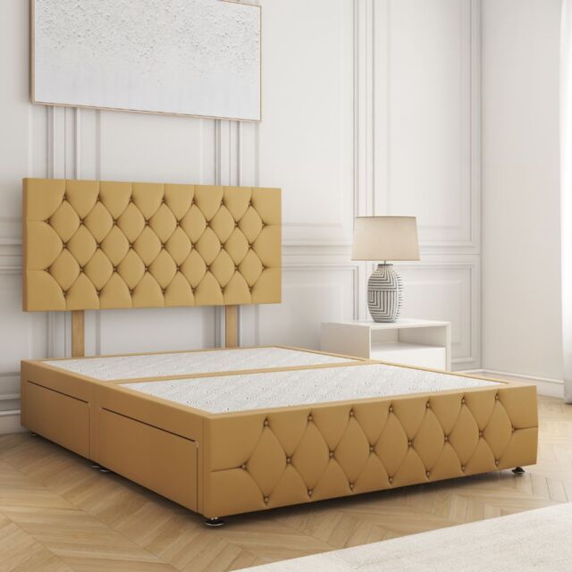 "BSSPOKE Mulberry Divan Bed Velvet 24""Headboard 2Drawers Same Side No Mattress in Mustard - Size: Super King" - image 1