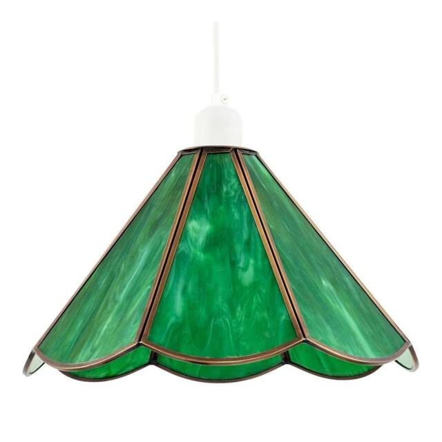 Happy Homewares Tiffany Glass Panelled Easy-Fit Pendant Shade with Antique Brass Trim in Green - Size: 12 inches - image 1