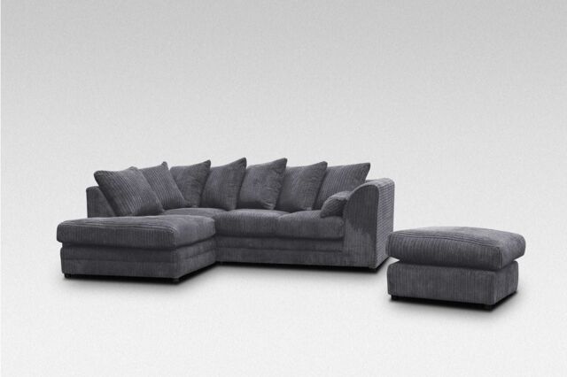 Furniture 786 Horizon Jumbo Cord 4 Seater Left Hand Facing Corner Sofa + Footstool in Grey - image 1