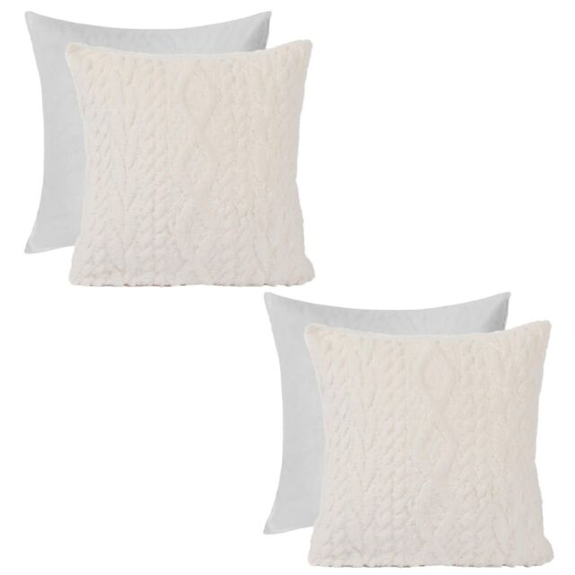 "OHS 2 x Cable Knit Cushion Covers Soft Sherpa Filled Cases 18"" x 18"" in Cream - Size: 45 cm x 45 cm" - image 1