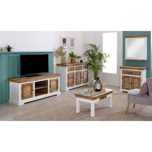 Indian Hub Alfie Framed Mirror with Shelf - Mango Wood - L80 x W73 x H16 cm in Natural - image 1