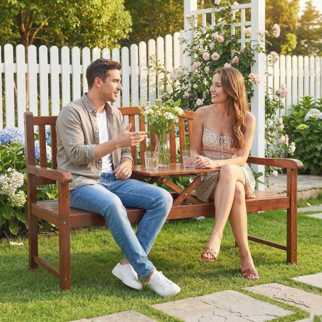 OUTSUNNY Wood Garden Loveseat Bench with Liftable Table, Cover, Light Brown - image 1