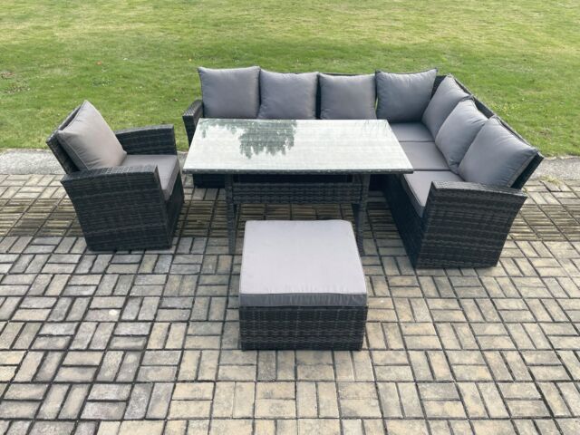 Fimous 8 Seater Garden Rattan Furniture Corner Sofa Dining Table Chair Set with Big Footstool Indoor Outdoor Lounge Sofa Set in Dark Grey - image 1