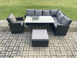 Fimous 8 Seater Garden Rattan Furniture Corner Sofa Dining Table Chair Set with Big Footstool Indoor Outdoor Lounge Sofa Set in Dark Grey - thumbnail 1