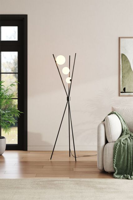 Living and Home Metal Tripod Standing Floor Lamp with Plastic Lampshade in Black - image 1