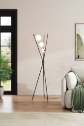 Living and Home Metal Tripod Standing Floor Lamp with Plastic Lampshade in Black - thumbnail 1