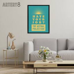 "Artery8 Hate Job Try Astral Projection Teal Yellow Funny Framed Canvas Art in Blue - Size: W12"" x H16""" - thumbnail 3