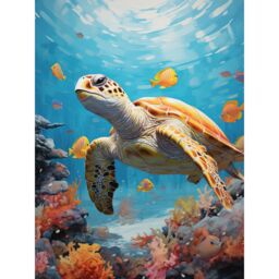 Artery8 Wall Art Print Loggerhead Sea Turtle in Coral Reef Bright Detailed Artwork Caretta Swimming with Yellow Striped Fish Poster - thumbnail 1