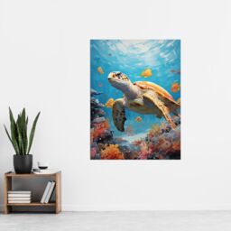 Artery8 Wall Art Print Loggerhead Sea Turtle in Coral Reef Bright Detailed Artwork Caretta Swimming with Yellow Striped Fish Poster - thumbnail 2