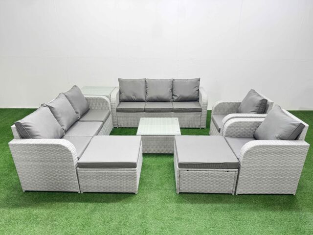 Fimous PE Rattan High Back Lounge Sofa Set Patio Square Coffee Table & Chairs Set w/ 3 Seater Sofa Reclining Chair 2 Big Footstool Side Table Light - image 1