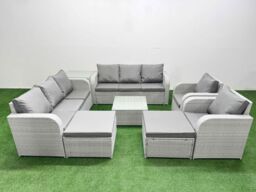 Fimous PE Rattan High Back Lounge Sofa Set Patio Square Coffee Table & Chairs Set w/ 3 Seater Sofa Reclining Chair 2 Big Footstool Side Table Light - thumbnail 1