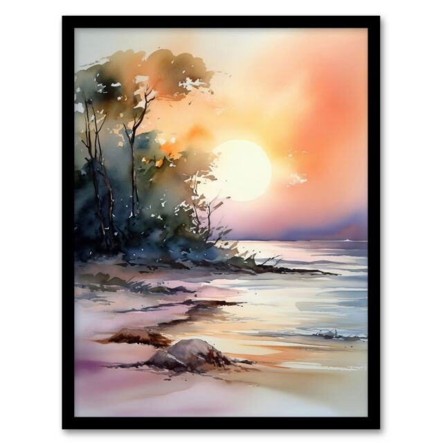 Artery8 Wall Art Print The Bonnie Banks Of Loch Lomond Sunset Watercolour Art Framed - Size: A4 - image 1