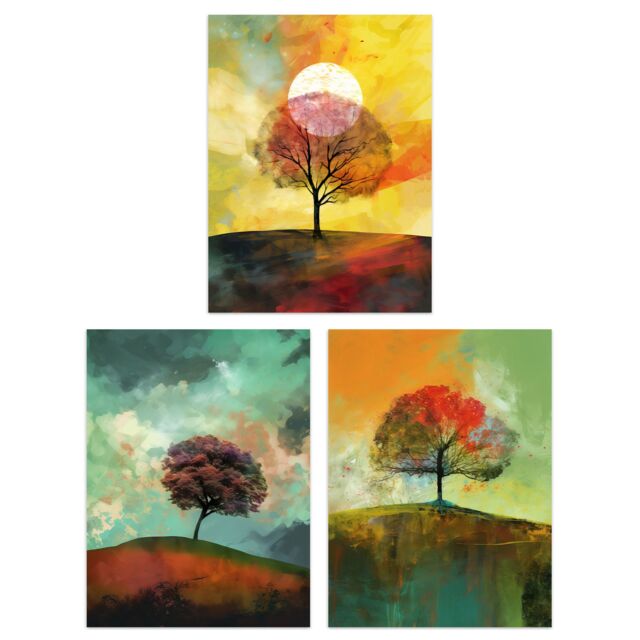 Artery8 Wall Art Print Set of 3 Lone Tree Paintings by Jan Harper Earthy Moody Landscape Aesthetic Living Room Poster s Pack in Green - Size: A4 - image 1