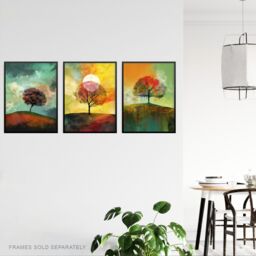 Artery8 Wall Art Print Set of 3 Lone Tree Paintings by Jan Harper Earthy Moody Landscape Aesthetic Living Room Poster s Pack in Green - Size: A4 - thumbnail 3