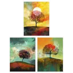 Artery8 Wall Art Print Set of 3 Lone Tree Paintings by Jan Harper Earthy Moody Landscape Aesthetic Living Room Poster s Pack in Green - Size: A4 - thumbnail 1
