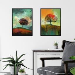 Artery8 Wall Art Print Set of 3 Lone Tree Paintings by Jan Harper Earthy Moody Landscape Aesthetic Living Room Poster s Pack in Green - Size: A4 - thumbnail 6