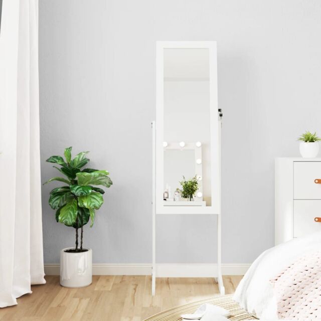 Berkfield Home Mirror Jewellery Cabinet with LED Lights Free Standing White - image 1