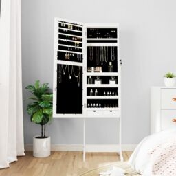 Berkfield Home Mirror Jewellery Cabinet with LED Lights Free Standing White - thumbnail 3