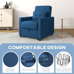 HOMCOM Folding Chair Bed, Fold Out Bed with Pillow & Side Pockets in Blue - thumbnail 4