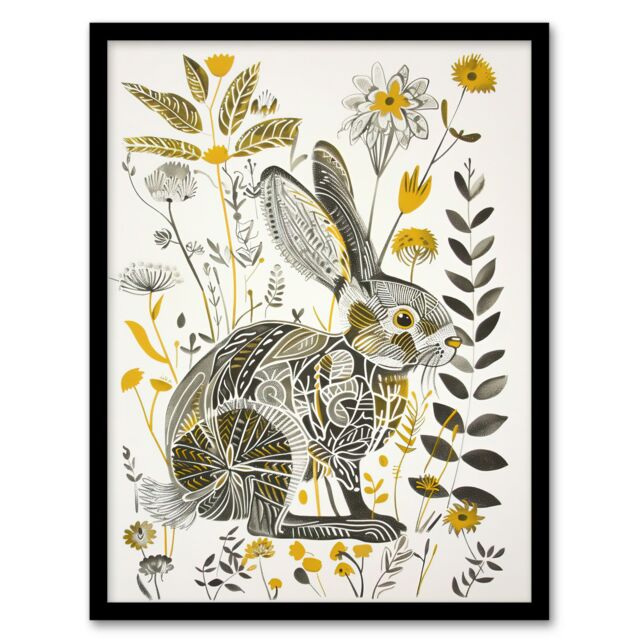 "Artery8 Bunny Rabbit Flowers Yellow Grey Bright Folk Art Framed Art Print - Size: W12"" x H16""" - image 1