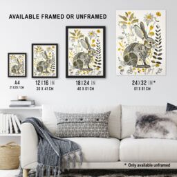 "Artery8 Bunny Rabbit Flowers Yellow Grey Bright Folk Art Framed Art Print - Size: W12"" x H16""" - thumbnail 3