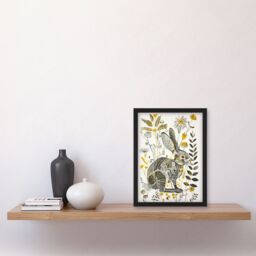 "Artery8 Bunny Rabbit Flowers Yellow Grey Bright Folk Art Framed Art Print - Size: W12"" x H16""" - thumbnail 4
