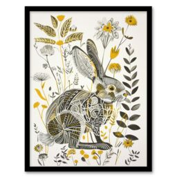 "Artery8 Bunny Rabbit Flowers Yellow Grey Bright Folk Art Framed Art Print - Size: W12"" x H16""" - thumbnail 1