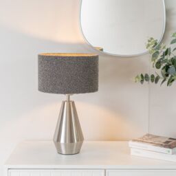 ValueLights Jax Brushed Chrome Dimmable Touch Table Lamp with Velvet Drum Shade in Charcoal