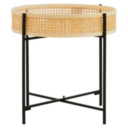 Orsina Natural Sleek Side Table With Cross Legs, Hand Woven Square Webbed Table, Rattan Top Wooden Lounge Table