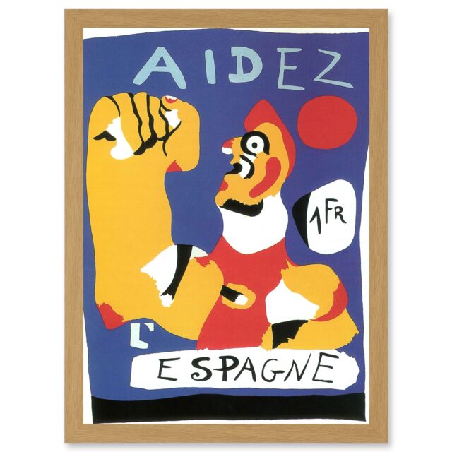 Artery8 Spanish Civil War Miro Aid Vintage Advert Blue Yellow Espagne A4 Artwork Framed Wall Art Print in Light Oak - image 1