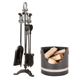 Dibor PEWTER Handled Free Standing Companion Set with Black & Nickel Log Bucket in Silver