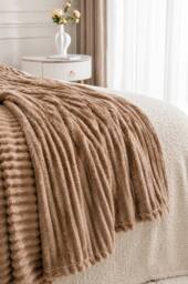 Dyzi Large Supersoft Ribbed Jacquard Fleece Throw Blanket 200 x 240cm in Light Brown - Size: 200 cm x 240 cm - thumbnail 5
