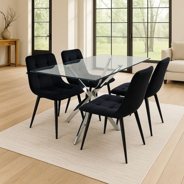 KOSY KOALA Modern Rectangle Glass Dining Table Set With 4 Black Velvet Chairs Dining Room Furniture in Brown - image 1