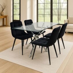KOSY KOALA Modern Rectangle Glass Dining Table Set With 4 Black Velvet Chairs Dining Room Furniture in Brown