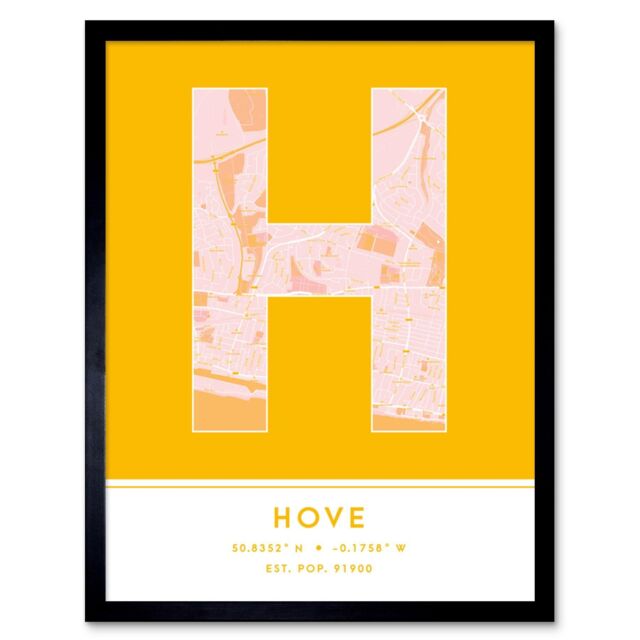 "Wee Blue Coo Wall Art Print Hove England United Kingdom City Map Modern Typography Stylish Letter Framed Word in Yellow - Size: W12"" x H16""" - image 1