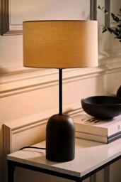 ValueLights Kaiden Black Dome Table Lamp with Fabric Drum Lamp Shade & Bulb in Cream