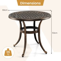 Gymax Cast Aluminum Patio Side Table 60 CM Round Outdoor Coffee Table-Bronze in Bronze - thumbnail 2