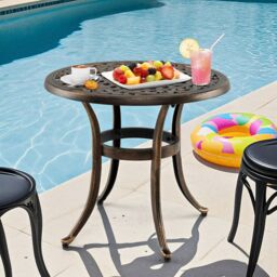 Gymax Cast Aluminum Patio Side Table 60 CM Round Outdoor Coffee Table-Bronze in Bronze - thumbnail 3