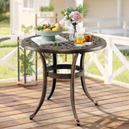 Gymax Cast Aluminum Patio Side Table 60 CM Round Outdoor Coffee Table-Bronze in Bronze - thumbnail 4