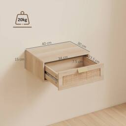 HOMCOM Floating Bedside Tables Set of 2, Boho Nightstands with Rattan Drawer in Natural - Size: 40 cm x 30 cm - thumbnail 3