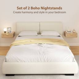 HOMCOM Floating Bedside Tables Set of 2, Boho Nightstands with Rattan Drawer in Natural - Size: 40 cm x 30 cm - thumbnail 4