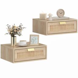 HOMCOM Floating Bedside Tables Set of 2, Boho Nightstands with Rattan Drawer in Natural - Size: 40 cm x 30 cm - thumbnail 2