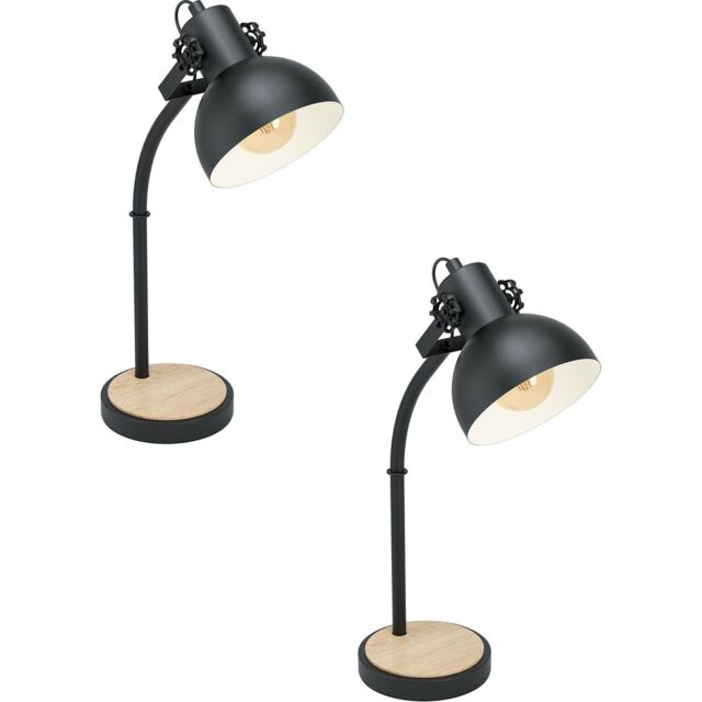 Loops 2 PACK Curved Table Lamp Desk Light Black Steel Shade & Wood Base 1x 28W E27 - image 1