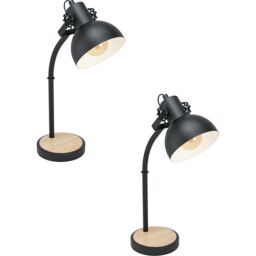 Loops 2 PACK Curved Table Lamp Desk Light Black Steel Shade & Wood Base 1x 28W E27 - thumbnail 1