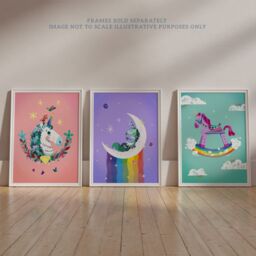 Artery8 Wall Art Print Pack of 3 A4 Kids Girl Bedroom Magical Unicorns & Rainbows Purple Pink Blue Living Room s Set - thumbnail 6