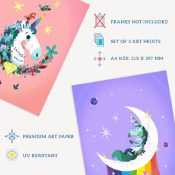 Artery8 Wall Art Print Pack of 3 A4 Kids Girl Bedroom Magical Unicorns & Rainbows Purple Pink Blue Living Room s Set - thumbnail 4