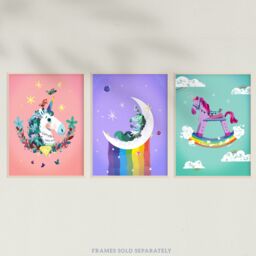 Artery8 Wall Art Print Pack of 3 A4 Kids Girl Bedroom Magical Unicorns & Rainbows Purple Pink Blue Living Room s Set - thumbnail 5
