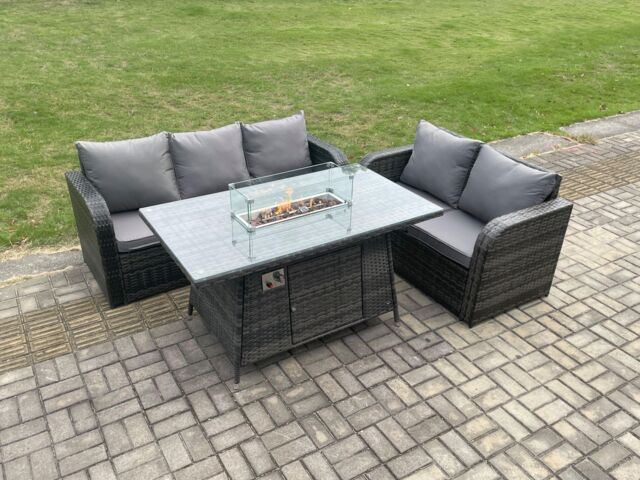 Fimous Rattan Garden Furniture Set with Gas Fire Pit Table 3 Pieces Outdoor Lounge Sofa Set Dark Grey Mixed - image 1