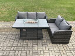 Fimous Rattan Garden Furniture Set with Gas Fire Pit Table 3 Pieces Outdoor Lounge Sofa Set Dark Grey Mixed - thumbnail 3